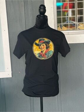 Classic Black Graphic Tee with Vintage Cowgirl Print